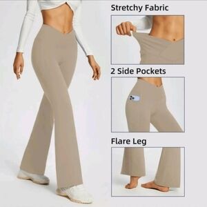 Baleaf Tan Crossover Flare Leggings With Pockets Women Size Xlarge